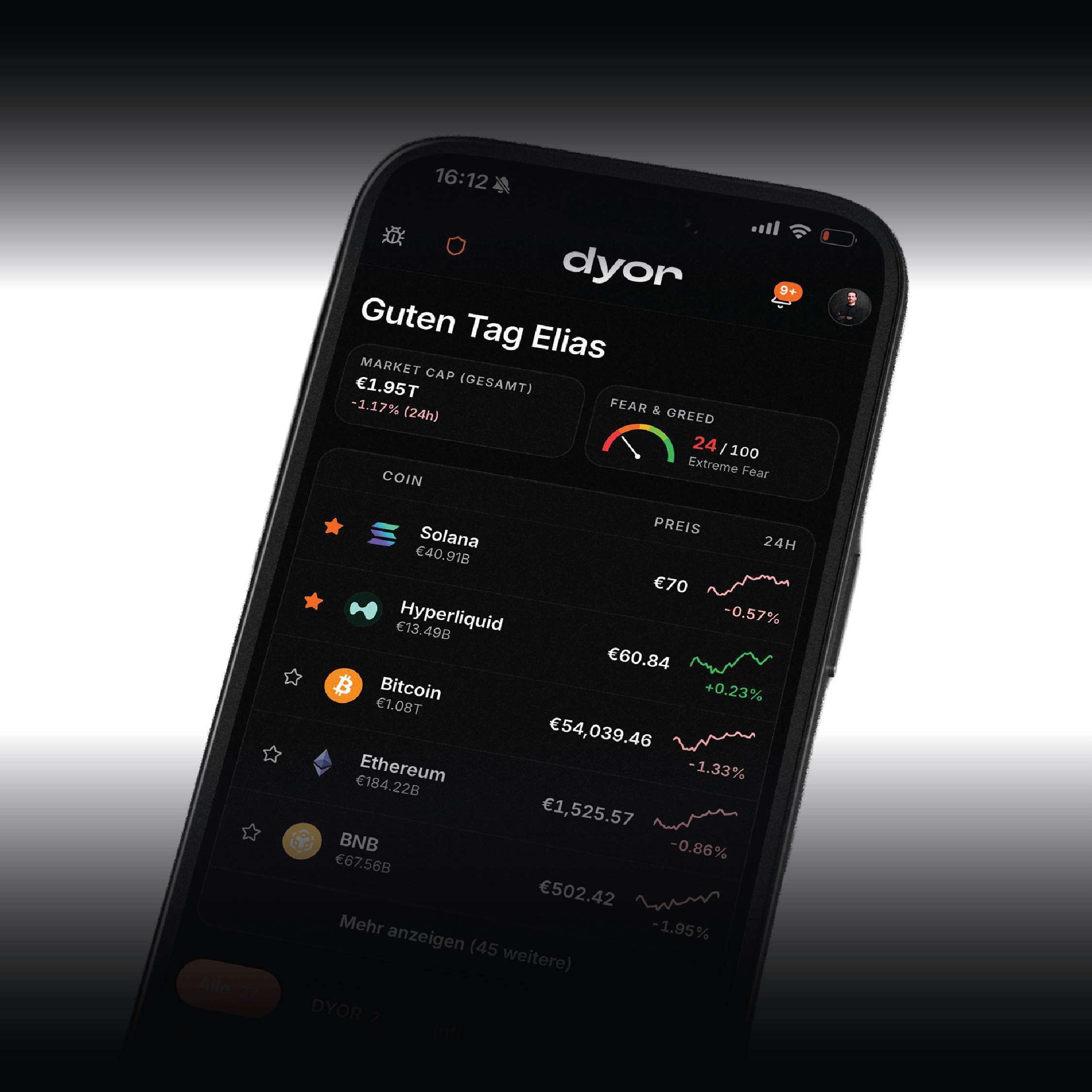 dyor Terminal Home-Feed auf dem iPhone